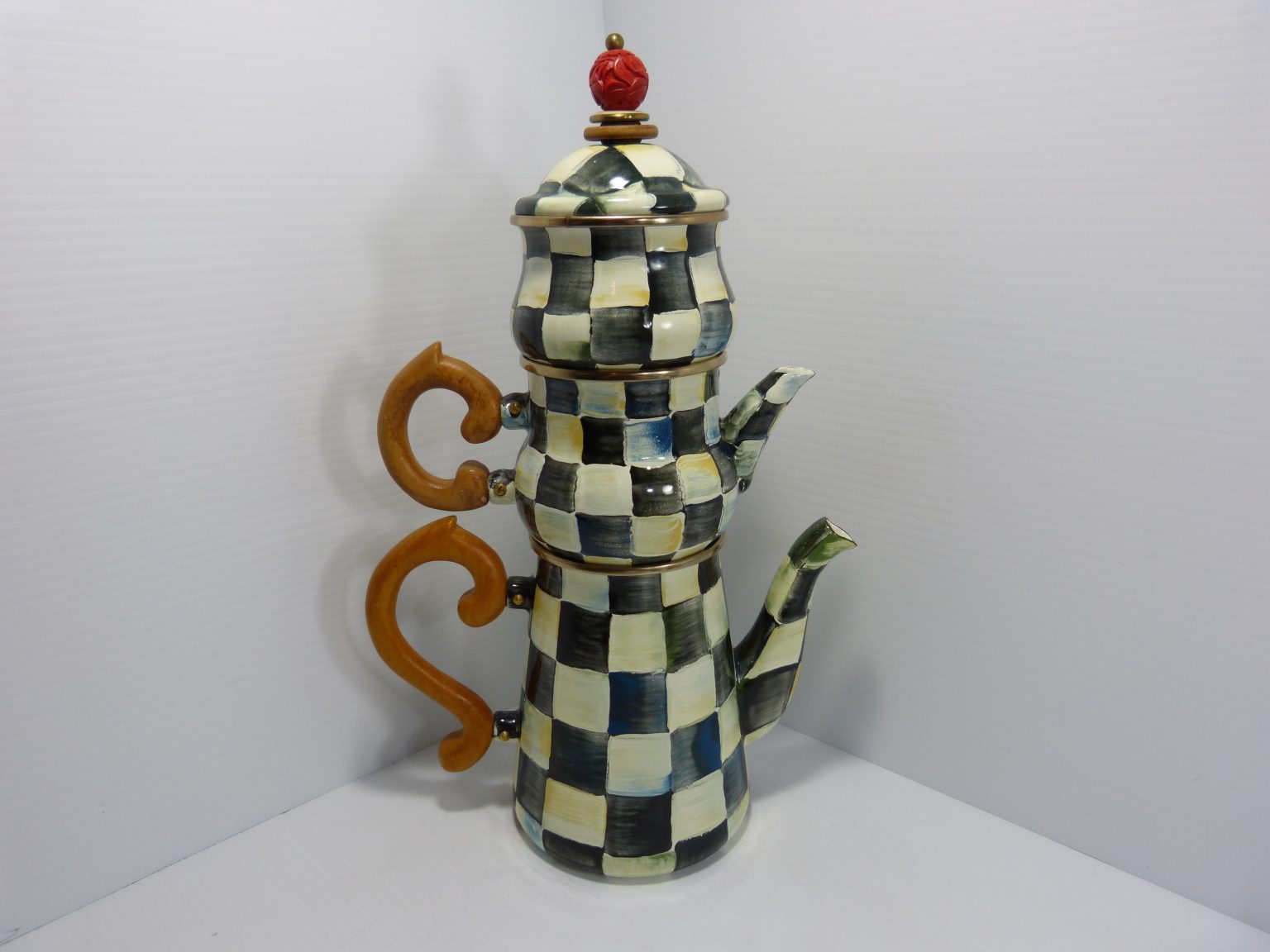 MacKenzie Childs Courtly Check Stacking Coffee/Teapot/Sugar Enamel