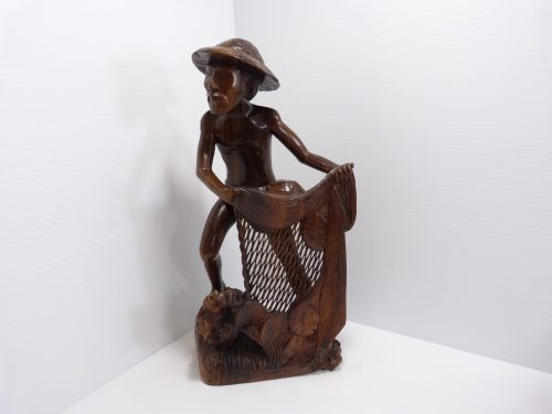 Hand Carved Wood Fisherman With Net 13.5" Bali