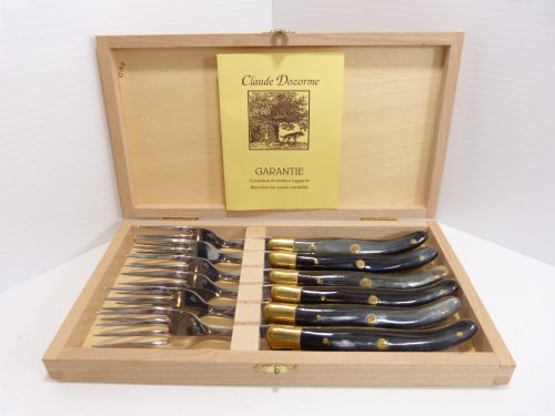 Claude Dozorme Set of 6 Forks Horn and Brass Handle