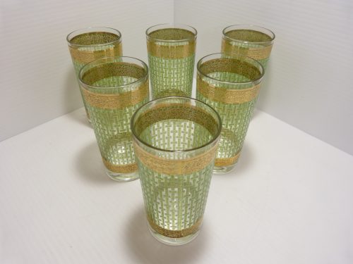 Green Basket Weave Gold Trim Highball Glasses Set of 6 Continental Can Co 12 fl. oz.