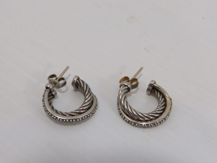 David Yurman Diamond 925 Silver 14k White Gold Cable Crossover Hoop Earrings