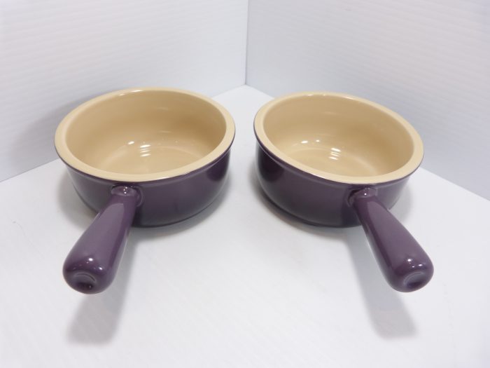 Le Creuset French Onion Handled Soup Bowls 16 Oz Stoneware Cassis Purple Set of 2