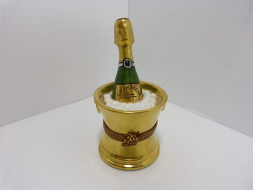 Champagne Bottle In Gold Ice Bucket Trinket Box Peint Main Limoges France 3 1/4" Tall