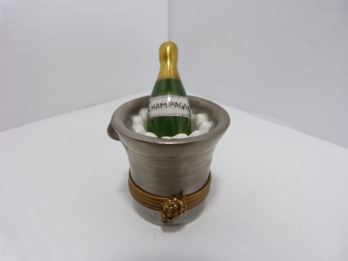 Champagne Bottle In Silver Ice Bucket Trinket Box Peint Main Limoges France 2 1/8" Tall