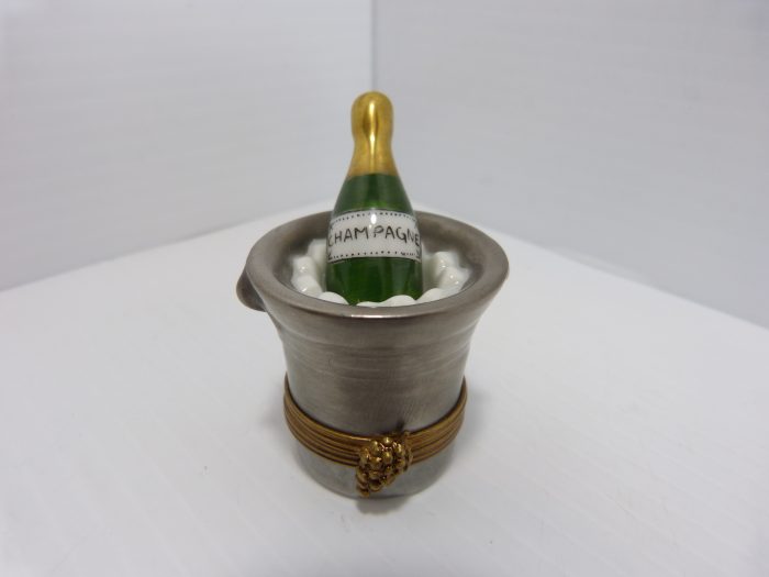 Champagne Bottle In Silver Ice Bucket Trinket Box Peint Main Limoges France 2 1/8" Tall