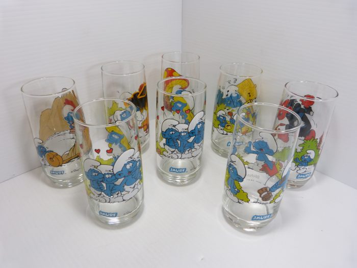 Smurf Glasses - Smurfette (2), Gargamel, Brainy, Jokey, Grouchy, Lazy, Hefty - Peyo 1982
