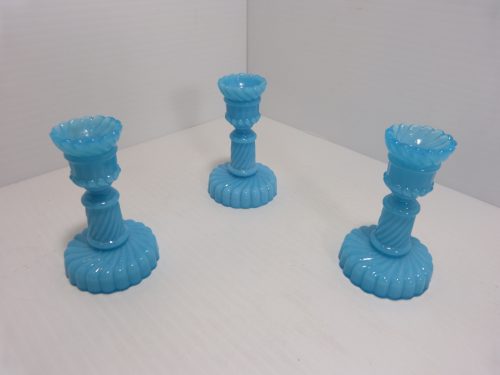 Portieux Vallerysthal Blue Opaline Milk Glass Candlestick Candle Holders 3 ¼” Set of 3