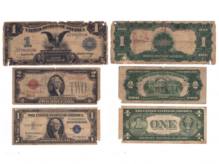 One Silver Dollar Silver Certificate 1899 - Two Dollars 1928 Red Seal - One Dollar 1935 Blue