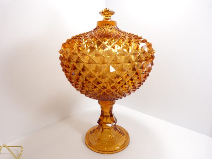 Westmoreland Honey Amber Glass Diamond Point Sawtooth Covered Compote 14"