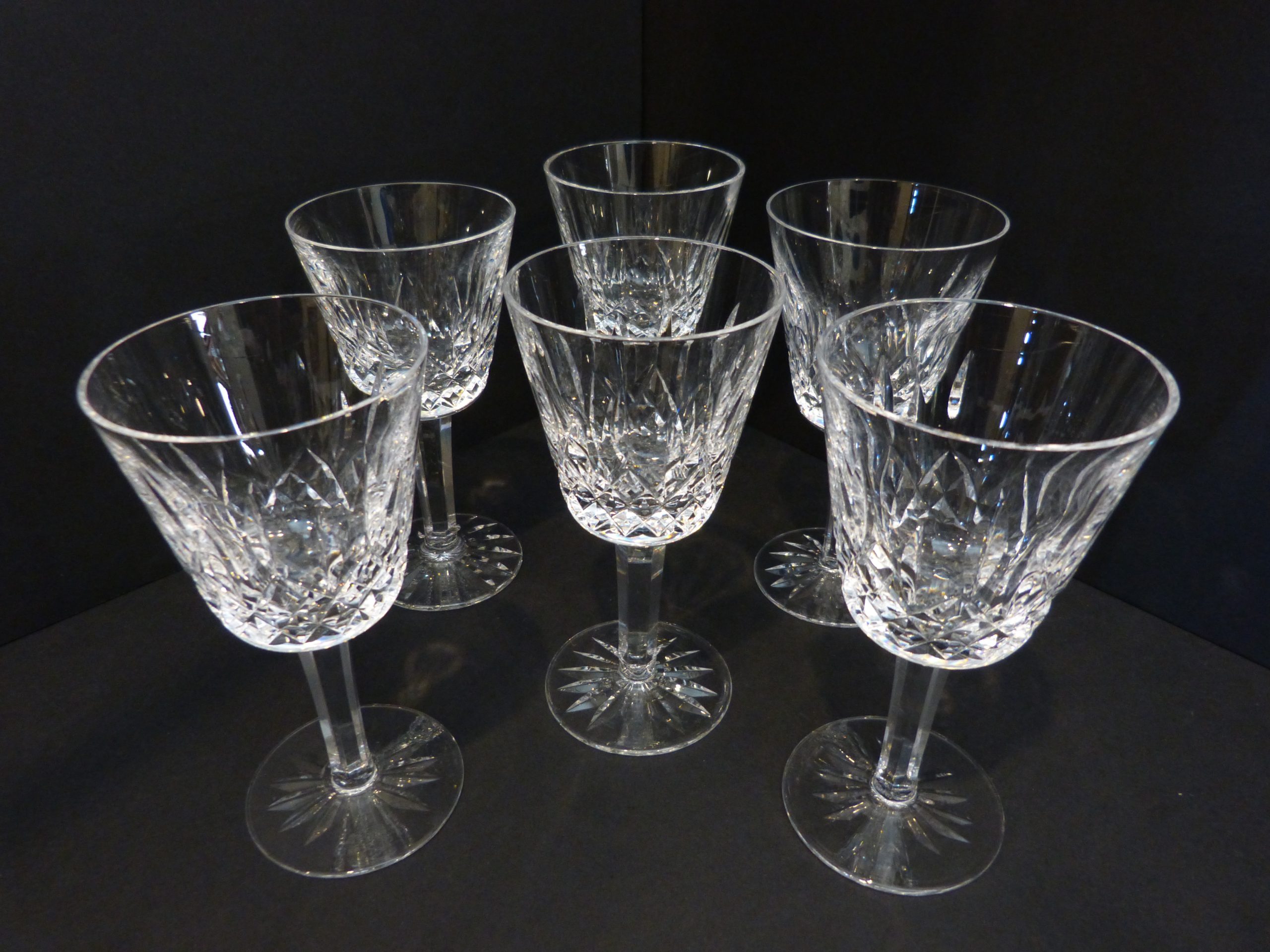 Waterford Lismore Claret Wine Glasses Set of 6 5 7/8" 6oz. The glasses are in mint condition. There are no chips, cracks or scratches. Please check photos carefully.