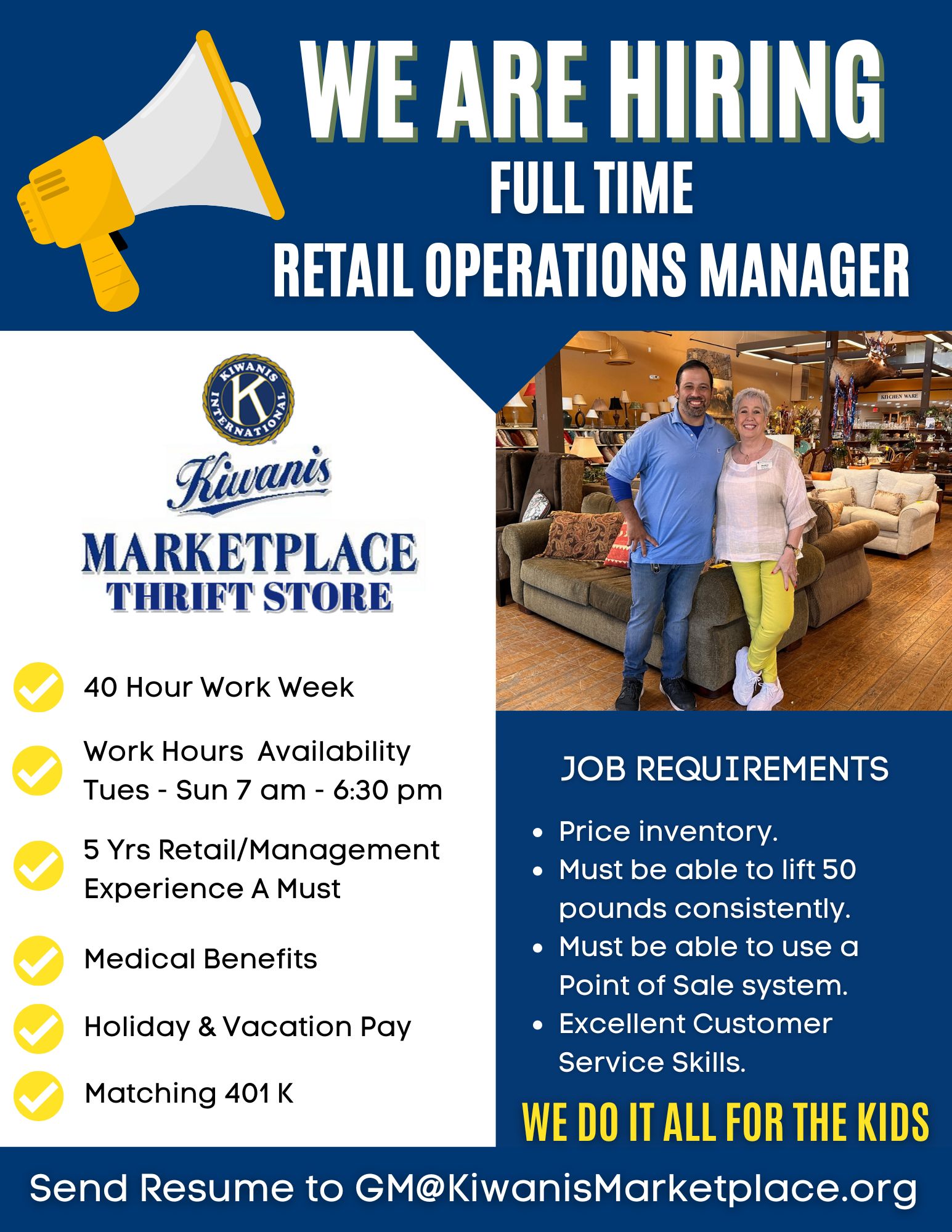 FULL TIME position available at kiwanis marketplace