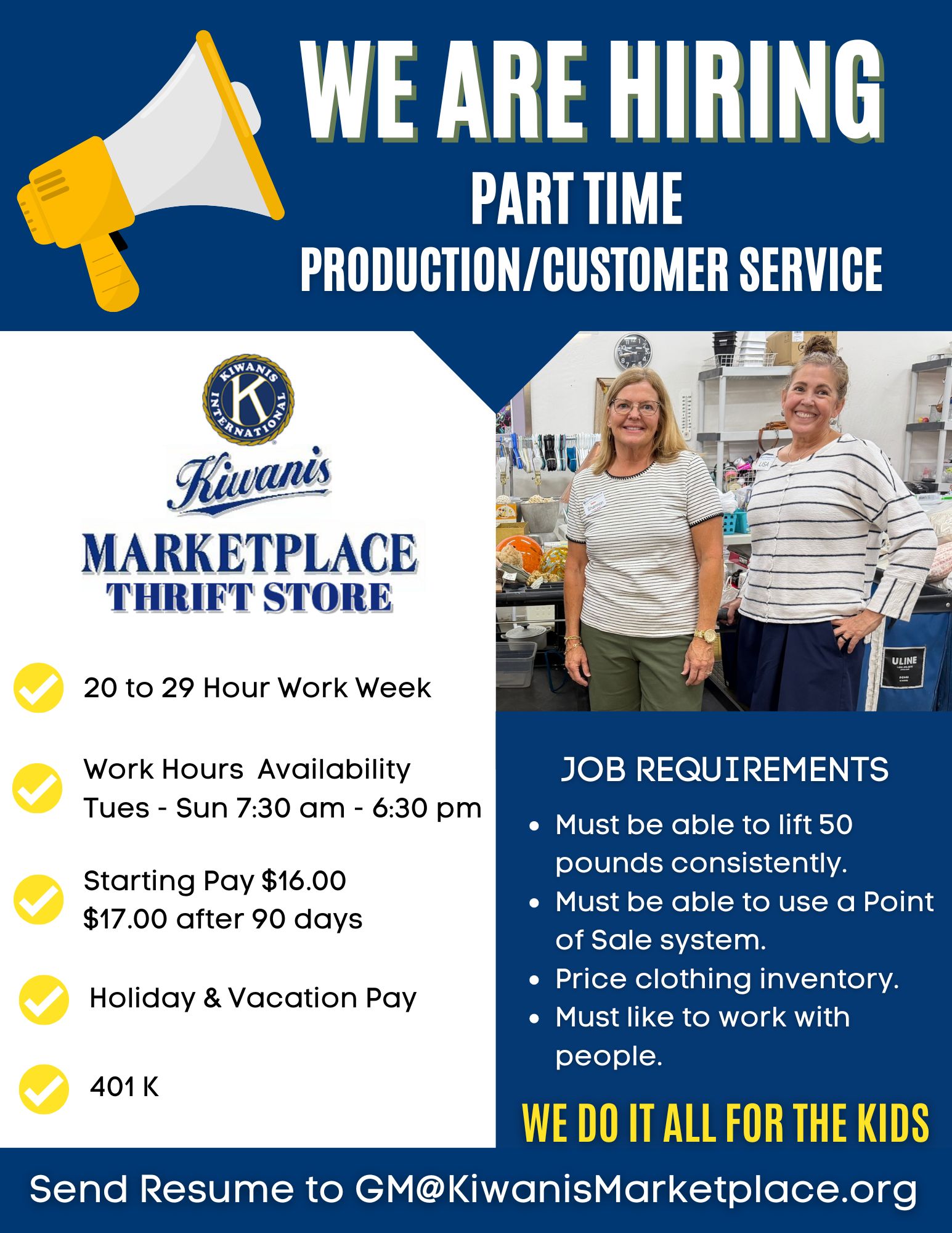 Part TIME position available at kiwanis marketplace