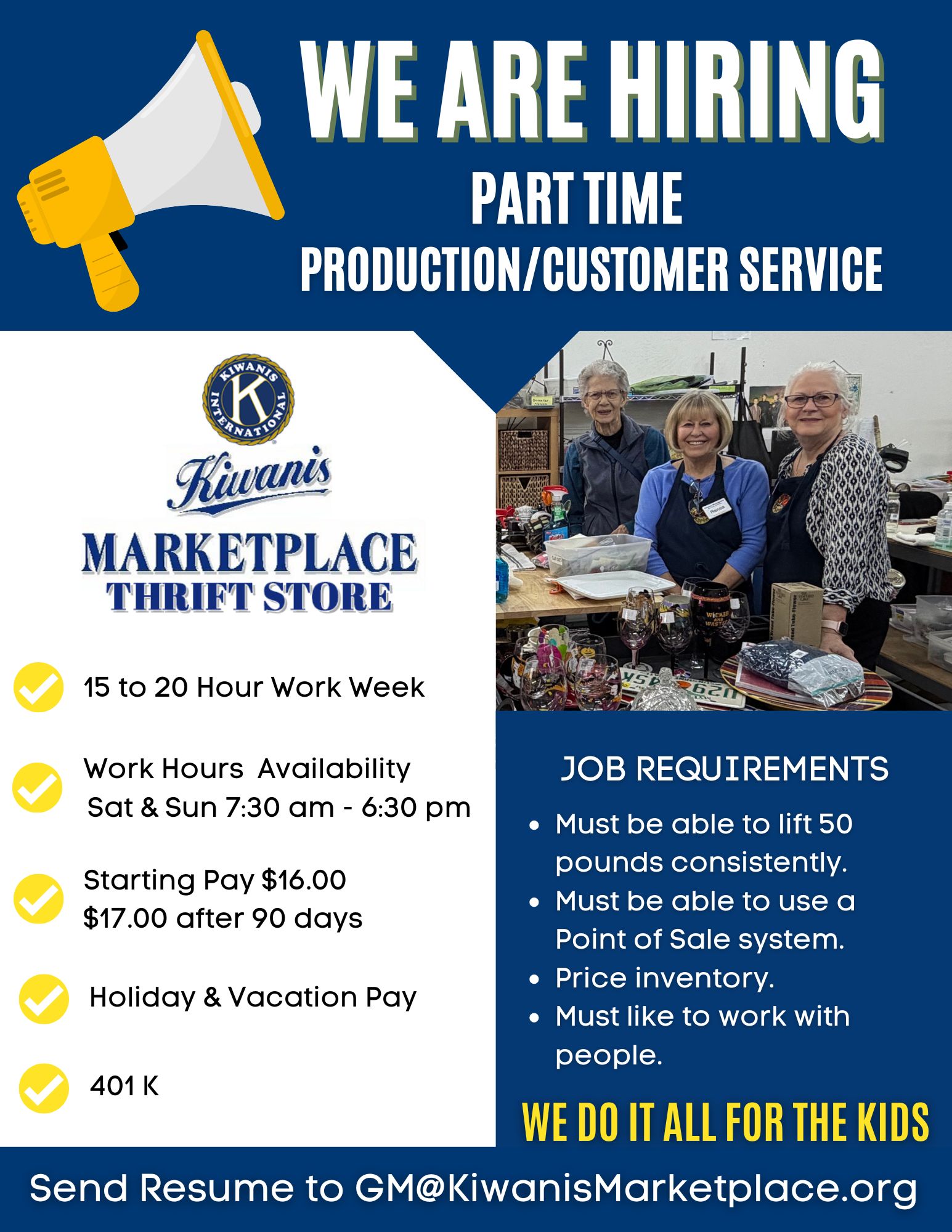Part TIME position available at kiwanis marketplace